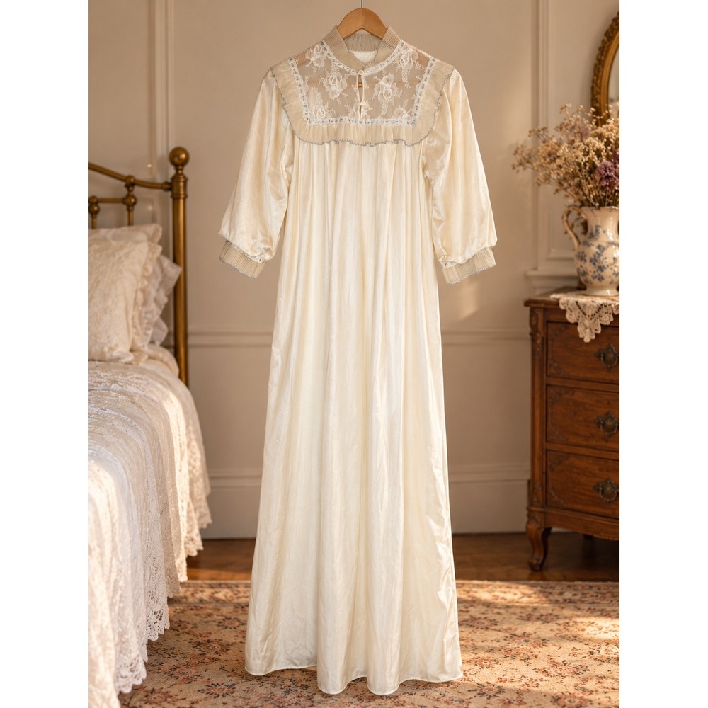 Vintage Ivory Nursing Nightgown Lace Yoke Maternity Gown Made in Canada Size M